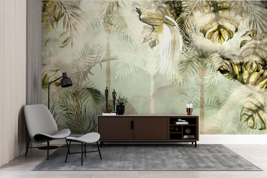 Fototapeta z egzotyczną roślinnością w złotym blasku idealna do salonu Złota Dżungla - główne zdjęcie produktu