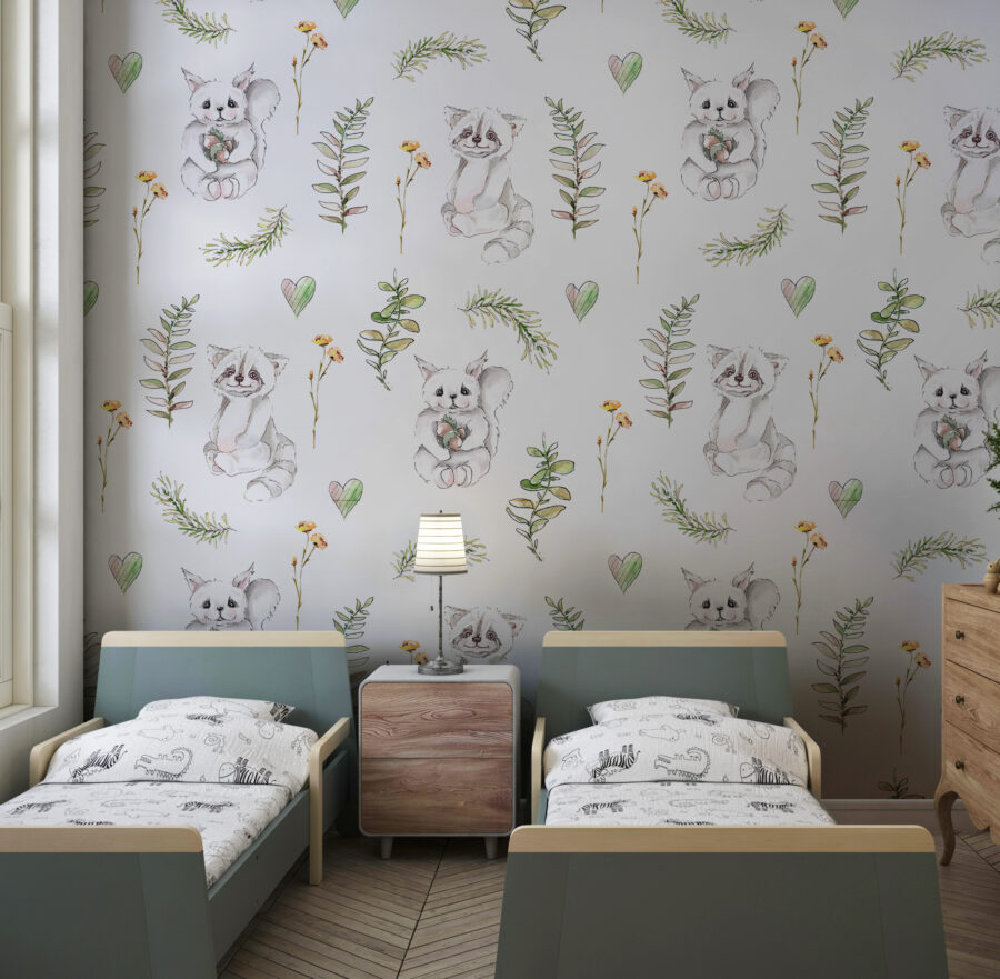 Fototapeta rysunkowa z motywem roślinno-zwierzęcym na jasnym tle idealna do pokoju dziecięcego jak i sypialni Białe Zwierzątka - główne zdjęcie produktu