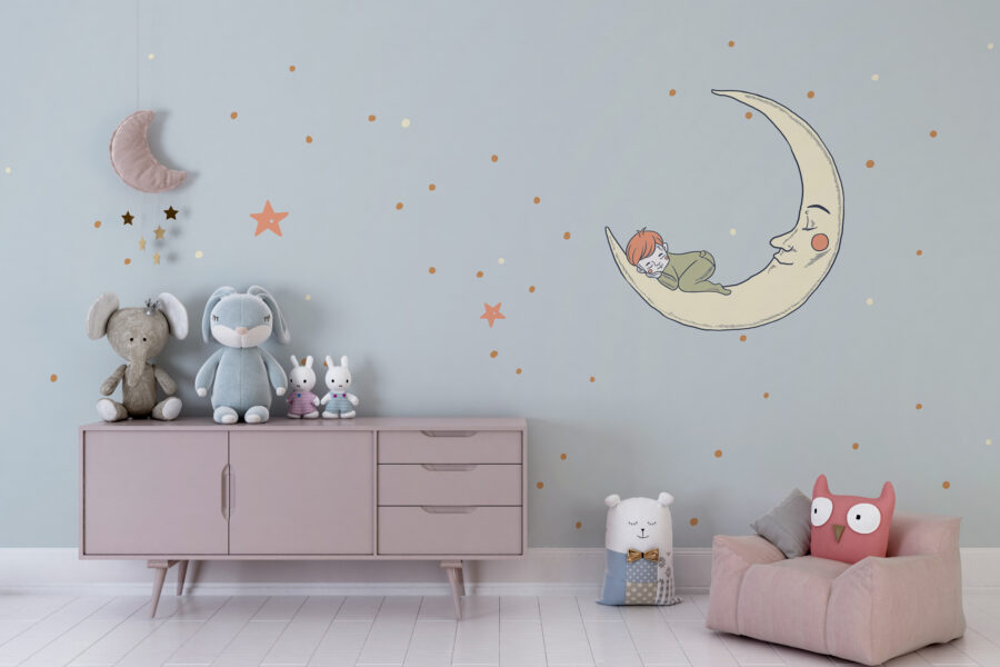 Fototapeta z motywem nieba idealna do pokoju małego chłopca w stonowanych kolorach Chłopiec Śpiący Na Księżycu - główne zdjęcie produktu