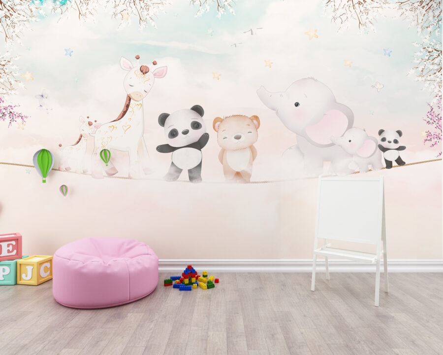 Fototapeta do pokoju dziecięcego w wesołych kolorach Cztery Zwierzątka - główne zdjęcie produktu