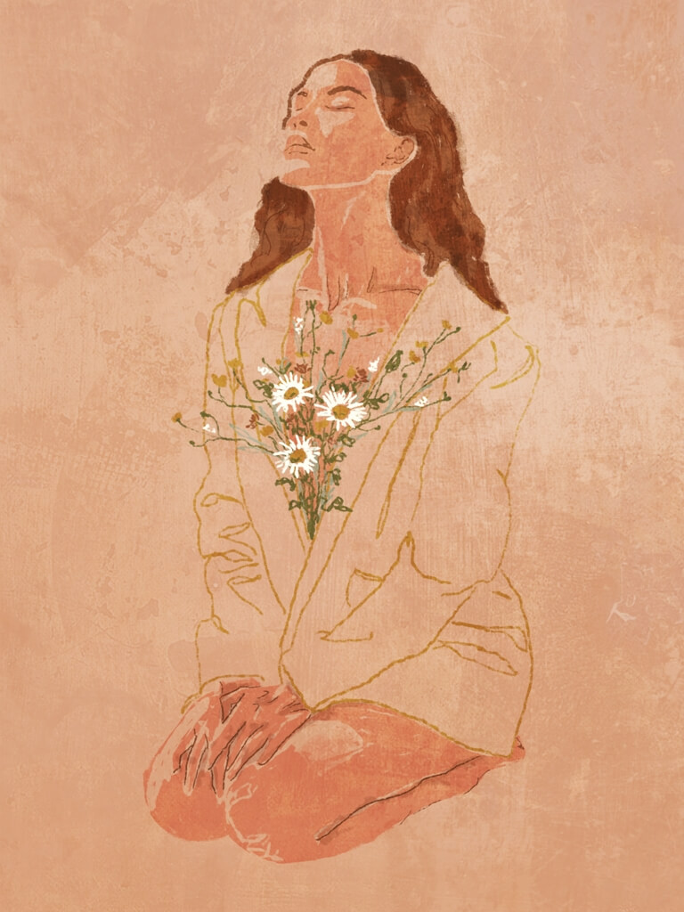 Fototapeta z portretem kobiety w ciepłych brązach Dziewczyna z Bukietem Kwiatów - zdjęcie numer 2