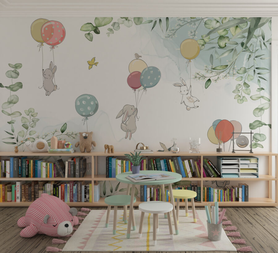 Fototapeta w wesołych kolorach idealny do pokoju dziecięcego Króliczki i Balony - główne zdjęcie produktu
