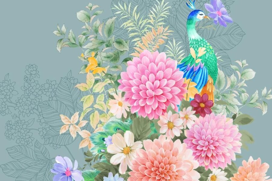 Fototapeta w żywych kolorach z wyraźnym motywem kwiatowym i eleganckim ptakiem Paw w Kwiatach - zdjęcie numer 2