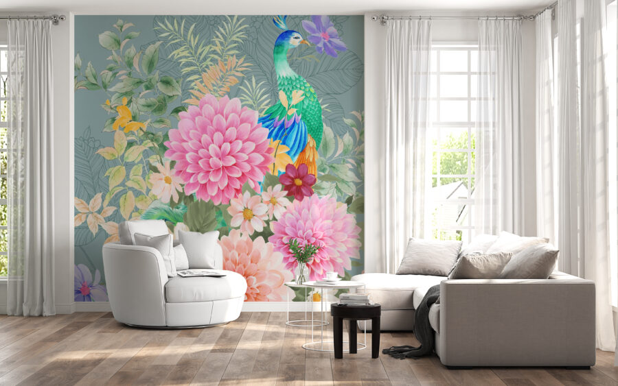 Fototapeta w żywych kolorach z wyraźnym motywem kwiatowym i eleganckim ptakiem Paw w Kwiatach - główne zdjęcie produktu