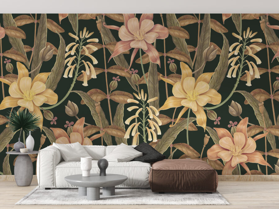 Fototapeta z dziką roślinnością na ciemnym tle w stylu boho Ściana Kolorowych Kwiatów - główne zdjęcie produktu