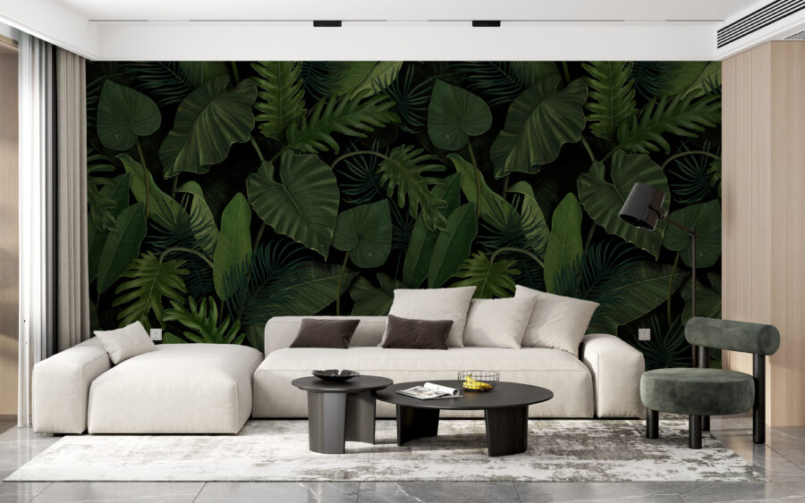 Fototapeta w ciemnych i wyrazistych kolorach z egzotycznymi roślinami idealny dodatek do nowoczesnego salonu Zielone Liście - główne zdjęcie produktu