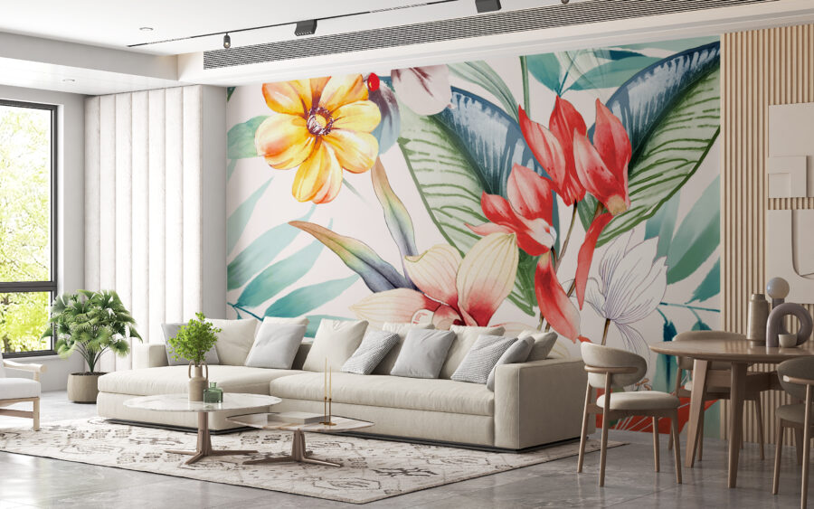 Fototapeta w żywych barwach z tropikalnymi roślinami Kolorowe Kwiaty - główne zdjęcie produktu