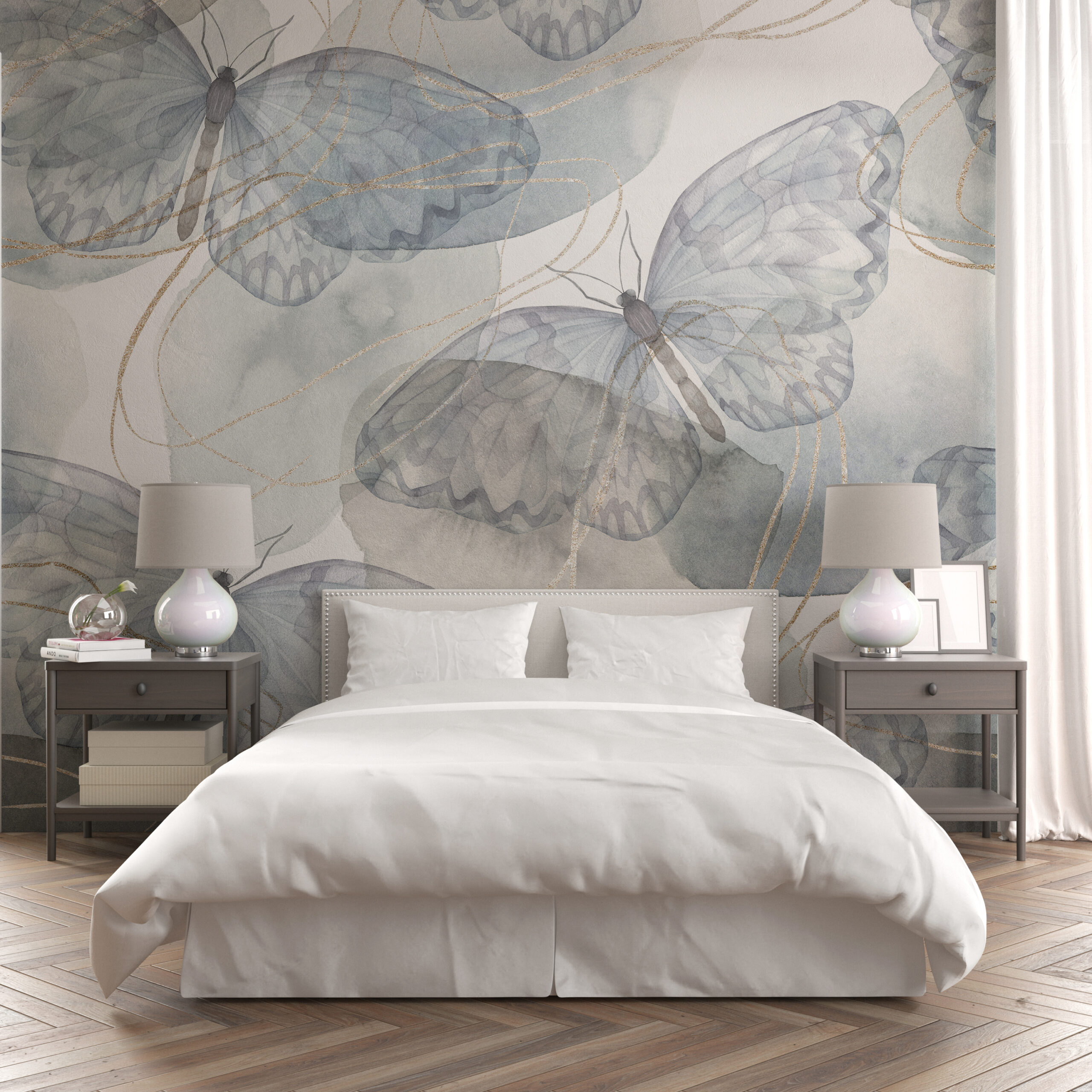 Fototapeta w stylu boho z delikatnym motywem idealna do sypialni Błękitne Motyle - główne zdjęcie produktu