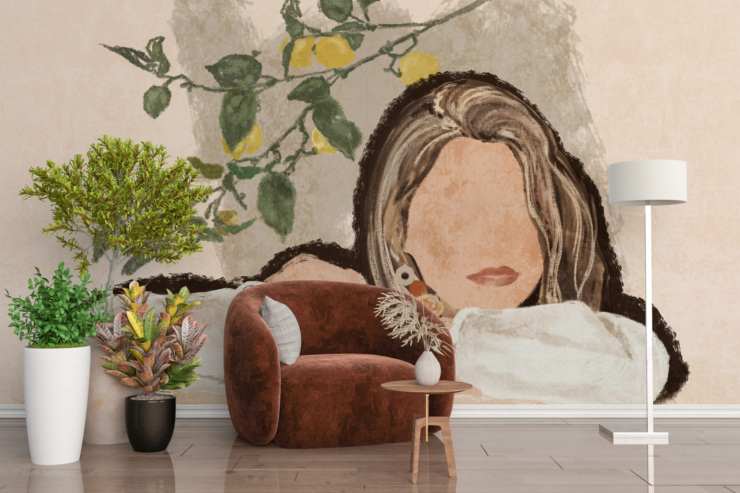 Fototapeta imitujące malowidło ścienne w nieco abstrakcyjnej formie Dziewczyna Bez Oczu - główne zdjęcie produktu