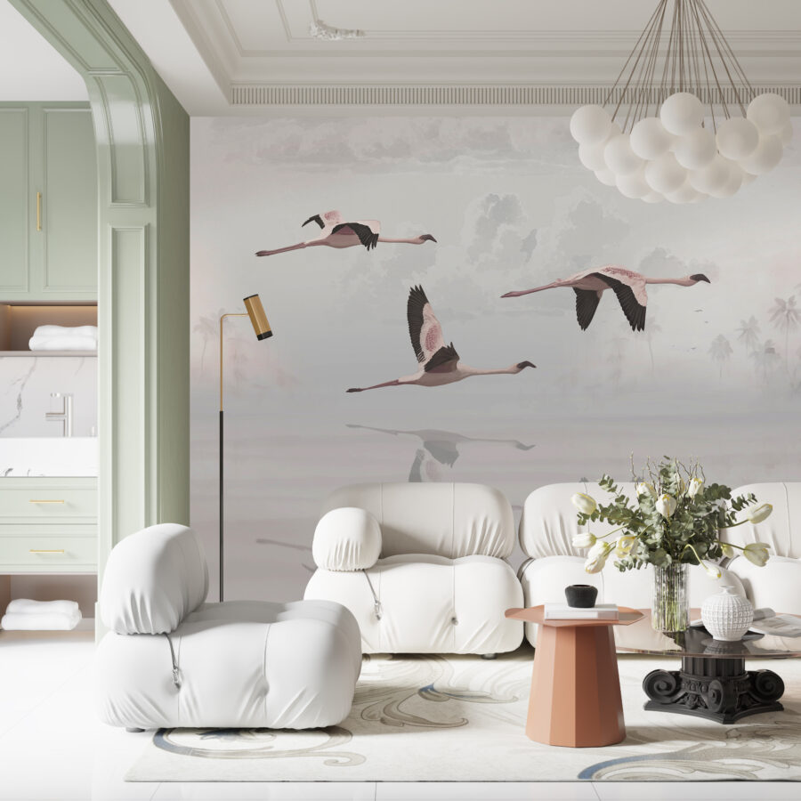 Fototapeta w azjatyckim stylu idealna do nowoczesnego salonu Flamingi w Locie - główne zdjęcie produktu