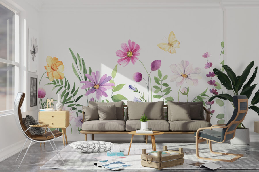Fototapeta z delikatnymi dzikimi kwiatami i motylami na jasnym tle Kwiaty Na Łące - główne zdjęcie produktu