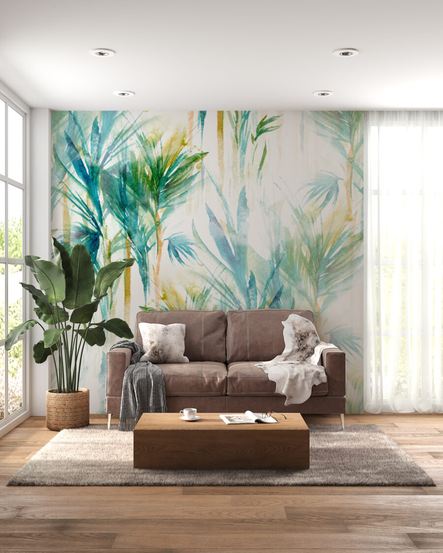 Fototapeta z tropikalnymi roślinami na jasnym tle Niebieskie Długie Liście - główne zdjęcie produktu