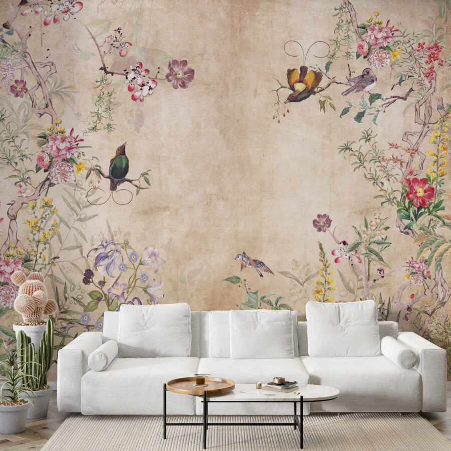 Fototapeta w ciepłych odcieniach z kwiatami i motylami idealny do salonu Kwiaty w Ogrodzie - główne zdjęcie produktu