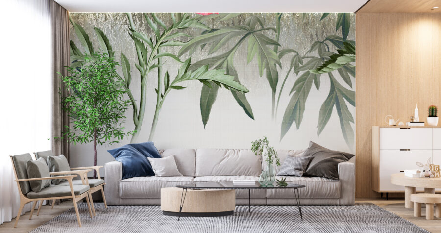 Fototapeta w formacie 3D z egzotycznym motywem w odcieniach szarości i zieleni Roślinna Grafika - główne zdjęcie produktu