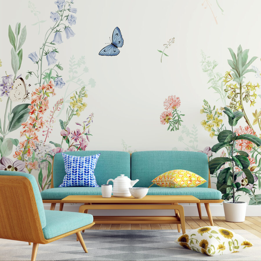 Fototapeta z delikatnym motywem kwiatowym w spokojnych barwach Błękitny Motyl - główne zdjęcie produktu