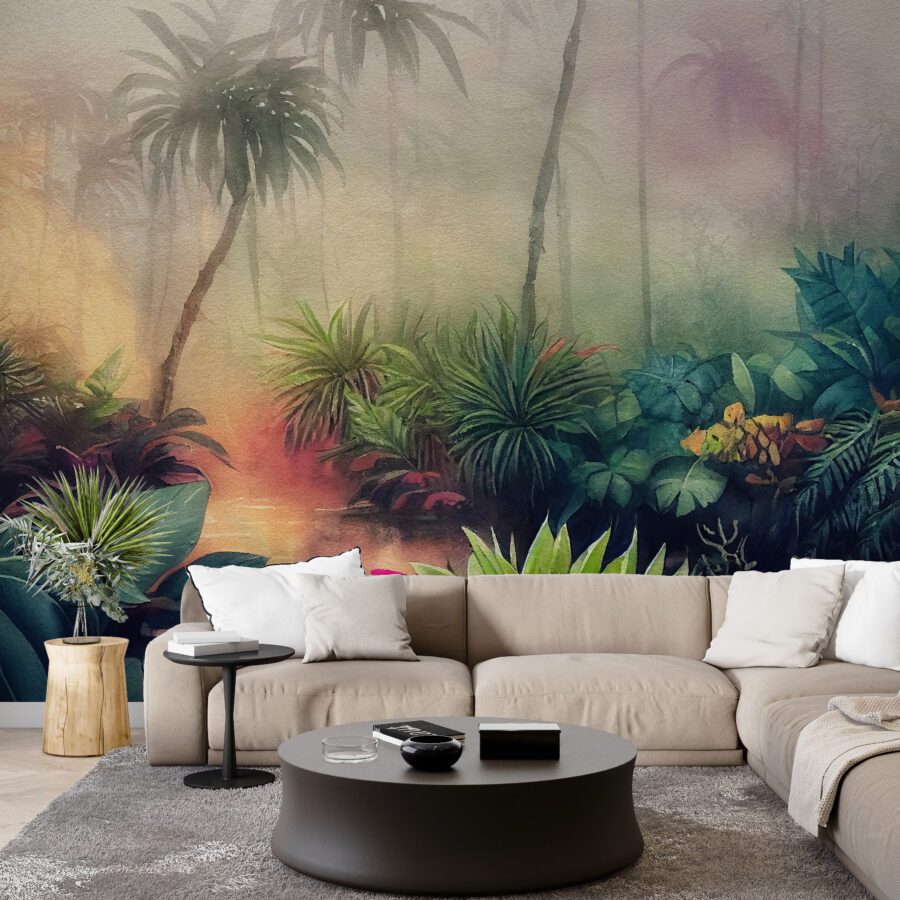 Fototapeta w ciepłych kolorach z egzotycznym krajobrazem idealny do salonu Rajski Ogród - główne zdjęcie produktu