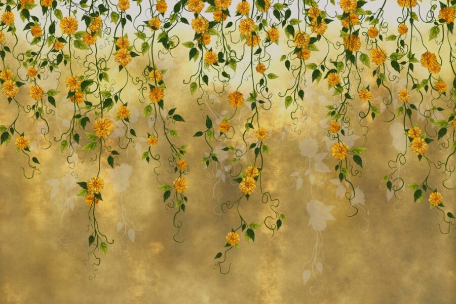 Fototapeta w słonecznych kolorach z motywem opadających kwiatów idealna do salonu Żółta Kaskada Kwiatów - zdjęcie numer 2
