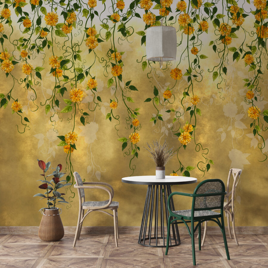 Fototapeta w słonecznych kolorach z motywem opadających kwiatów idealna do salonu Żółta Kaskada Kwiatów - główne zdjęcie produktu