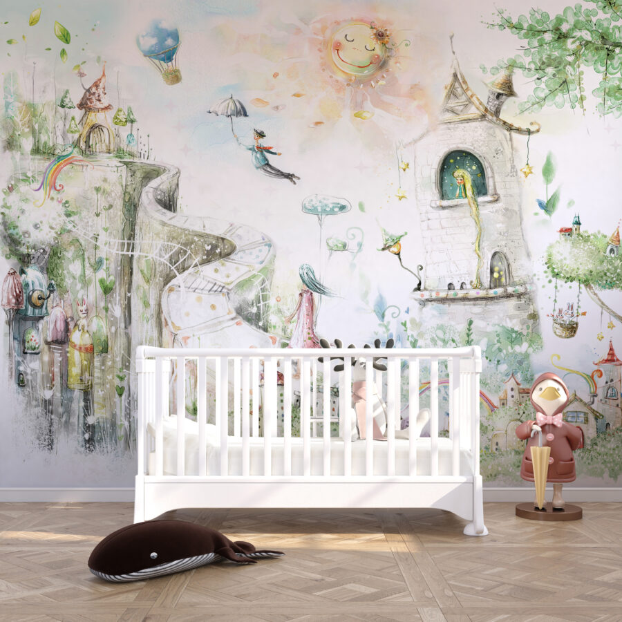 Fototapeta w formie ilustracji w jasnej kolorystyce idealnej do pokoju dziecięcego Bajkowa Dróżka - główne zdjęcie produktu
