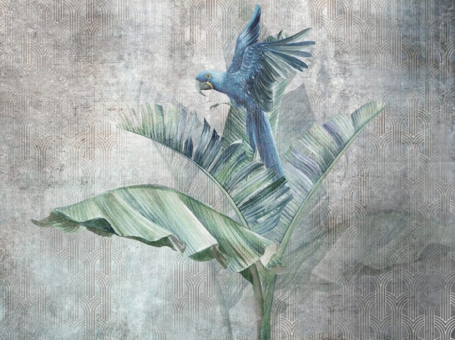 Fototapeta z zieloną egzotyczną rośliną i papugą na szarym niejednolitym tle Błękitna Papuga - zdjęcie numer 2