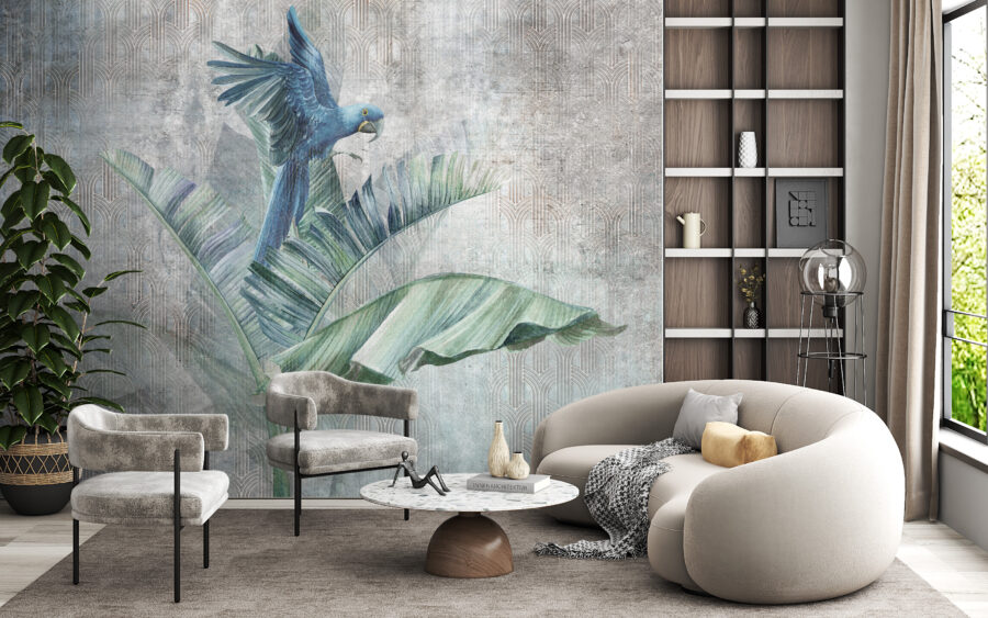 Fototapeta z zieloną egzotyczną rośliną i papugą na szarym niejednolitym tle Błękitna Papuga - główne zdjęcie produktu