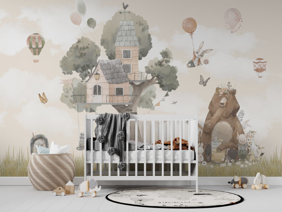 Fototapeta w postaci ilustracji sceny jak z bajki w kolorach odpowiednich do pokoju dziecięcego Dom Na Drzewie Dla Dzieci - główne zdjęcie produktu