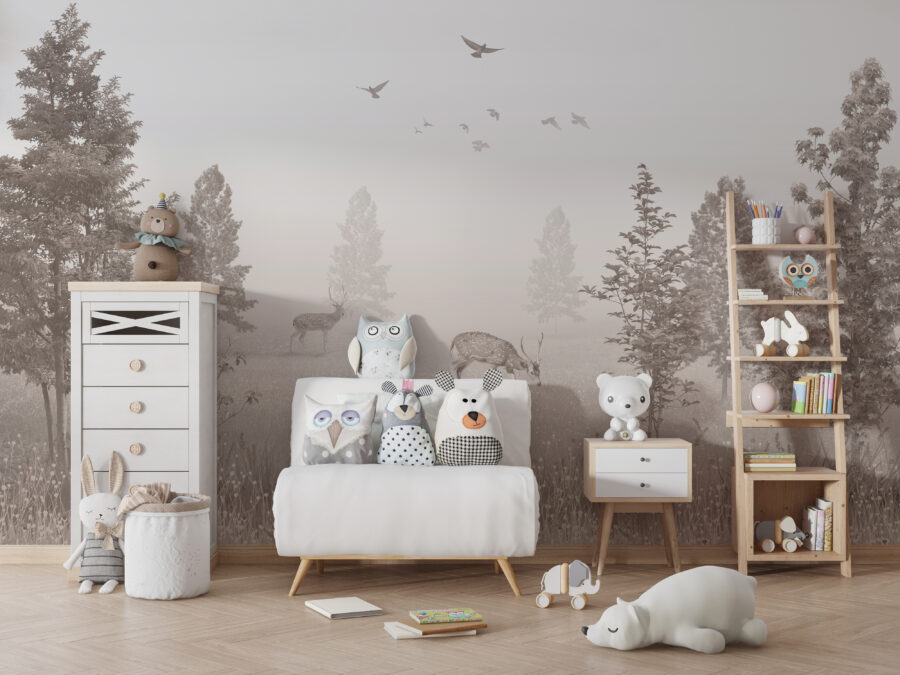 Fototapeta w kolorze ciepłej sepii z motywem leśnym pasująca do wystroju każdego pokoju dziecięcego Dwa Jelenie - główne zdjęcie produktu
