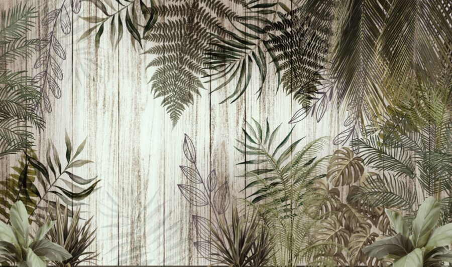 Fototapeta z motywem drewnianych desek z tropikalnymi zielonymi liśćmi, ciekawa kompozycja i przyjemna dla zmysłów do nowoczesnych wnętrz Liście Paproci - zdjęcie numer 2