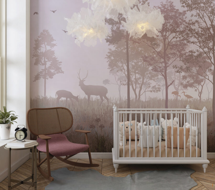 Fototapeta przedstawiająca las w niecodziennych, ciepłych, różowych barwach idealna do pokoju dziecięcego jak i sypialni dorosłych Poranek w Lesie - główne zdjęcie produktu