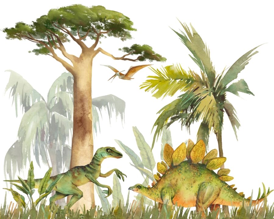 Fototapeta w ciepłej zieleni i szarości do pokoju dziecięcego Wesołe Dinozaury - zdjęcie numer 2