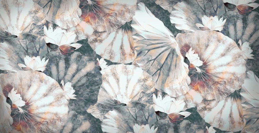 Fototapeta w nowoczesnej graficznej odsłonie z dużymi liśćmi w ciekawej jasnej kolorystyce Blask Lilii Wodnych - zdjęcie numer 2