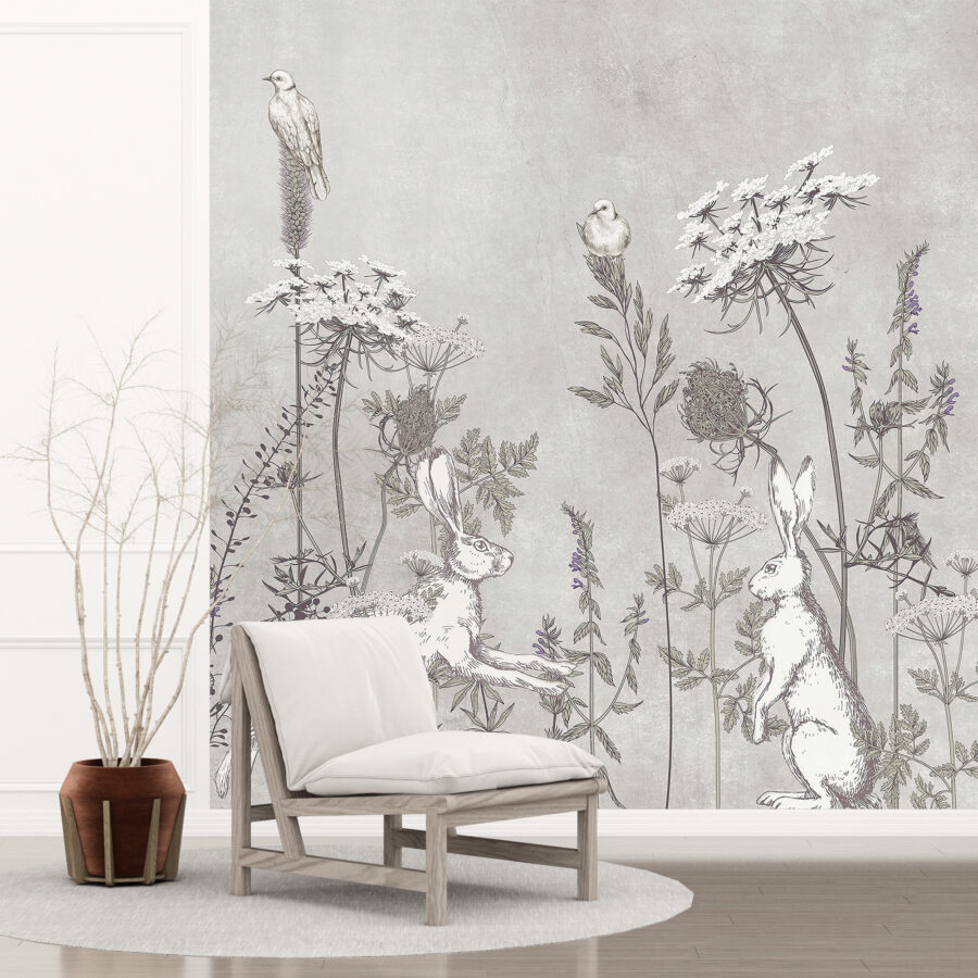 Fototapeta w bieli i szarości z motywem kwiatów i zwierząt Gołębie i Zające - główne zdjęcie produktu