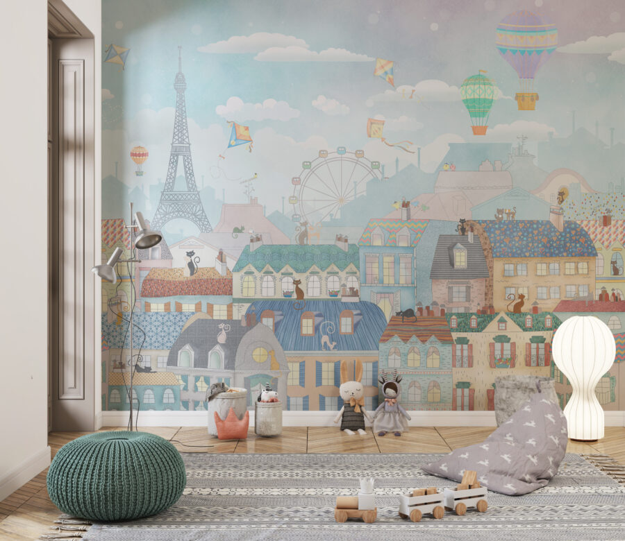 Kolorowa fototapeta z panoramą stolicy Francji, ciekawa propozycja dla miłośników podróży i miasta nad Sekwaną Kolorowy Paryż - główne zdjęcie produktu