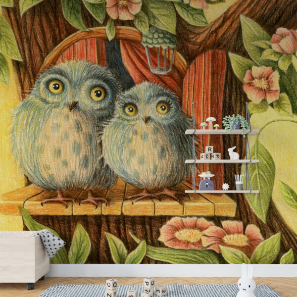 Fototapeta w postaci ilustracji w ciepłych barwach z motywem pary ptaków przed drzwiami dziupli Kolorowy Rysunek Ptaków - główne zdjęcie produktu