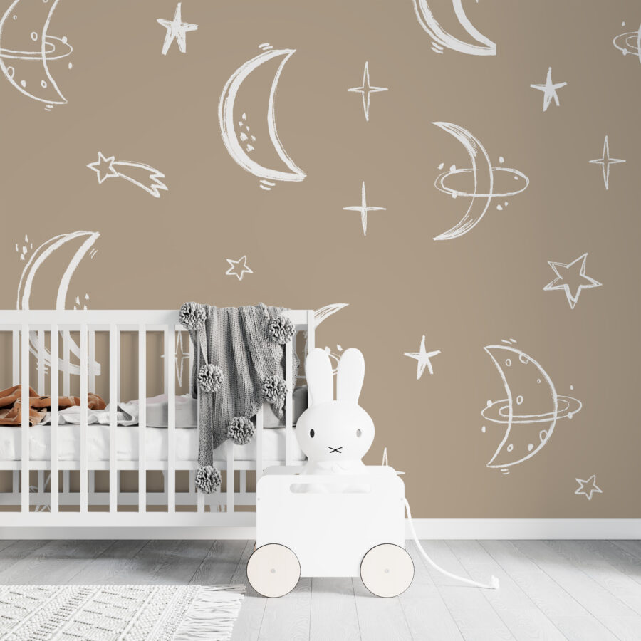 Fototapeta w postaci rysunku na ścianie w ciepłym beżu i bieli dobra dla dzieci Księżyc i Gwiazdy - główne zdjęcie produktu