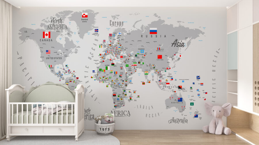 Fototapeta dla miłośnika geografii z kolorowymi flagami na szarych kontynentach Mapa Świata z Flagami - główne zdjęcie produktu