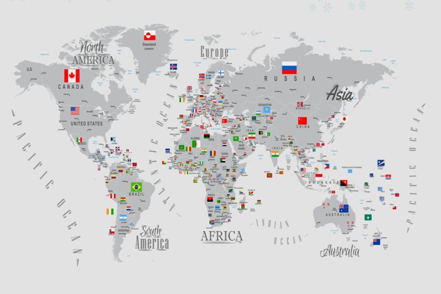 Fototapeta dla miłośnika geografii z kolorowymi flagami na szarych kontynentach Mapa Świata z Flagami - zdjęcie numer 2