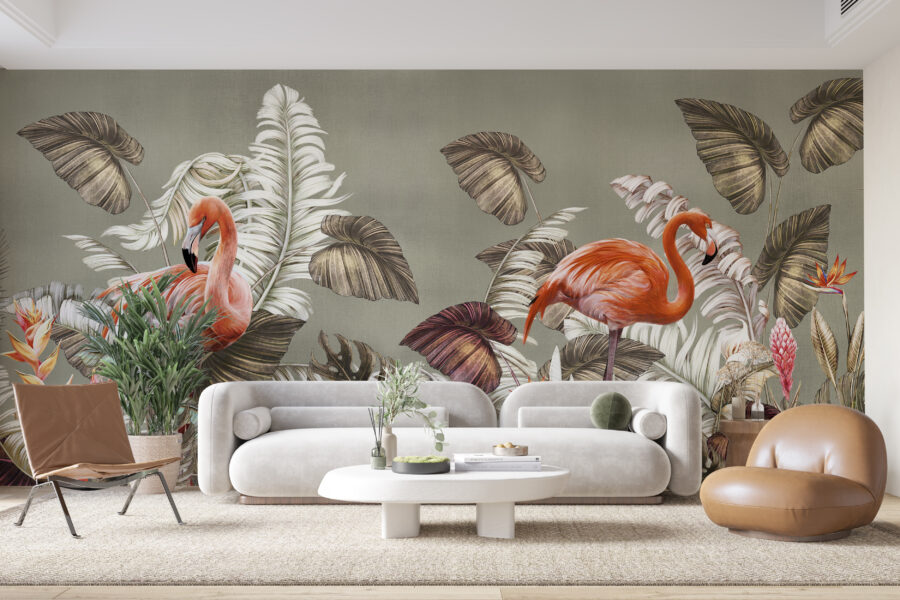 Fototapeta w postaci nowoczesnej wizualizacji z tropikalnym motywem w mocnych kolorach Para Flamingów - główne zdjęcie produktu