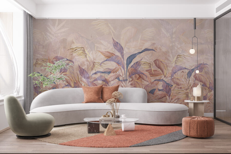 Fototapeta z egzotycznym motywem roślinnym w ciepłych kobiecych barwach idealna do salonu czy sypialni Różowych Liści Gąszcz - główne zdjęcie produktu