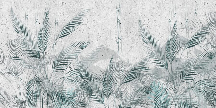 Fototapeta z liśćmi palmy na szarym tle Smukłe Liście w Błękicie - zdjęcie numer 2