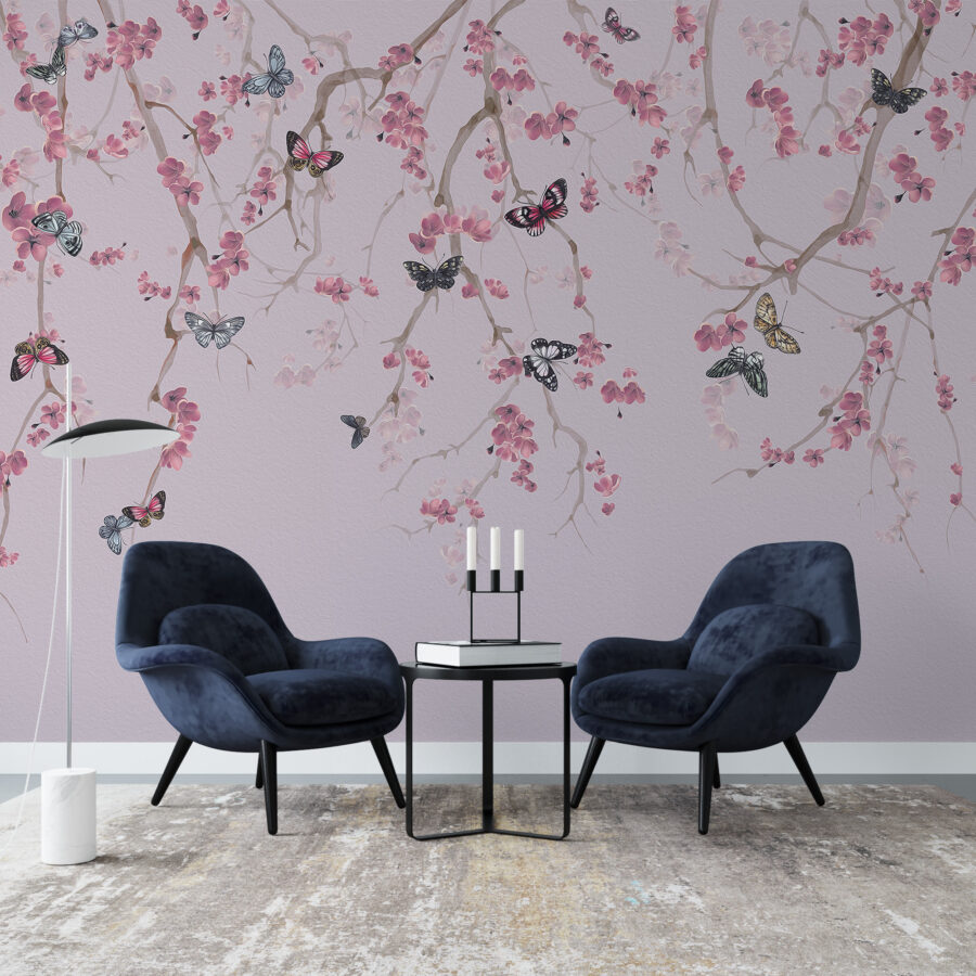 Fototapeta w odcieniach fioletu i różu, motyw kwitnącego drzewa do każdego pomieszczenia Wiosenne Motyle - główne zdjęcie produktu