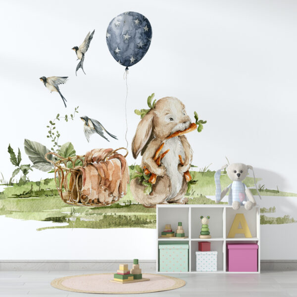 Fototapeta z wesołym bajkowym motywem dla dzieci Zajączek z Balonikiem - główne zdjęcie produktu