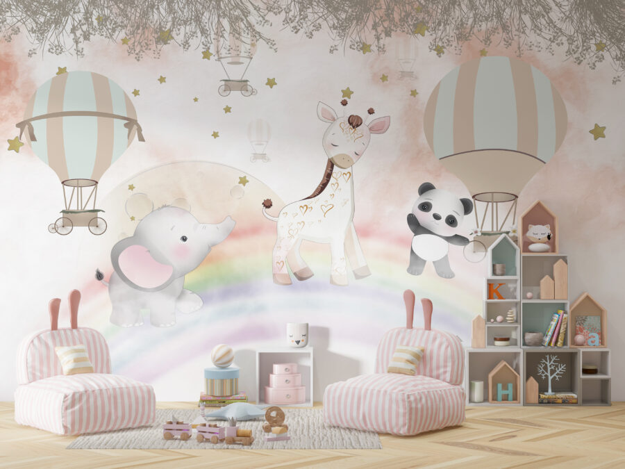 Fototapeta w kolorach stonowanych idealnych do pokoju dziecięcego Zwierzątka Na Tęczy - główne zdjęcie produktu