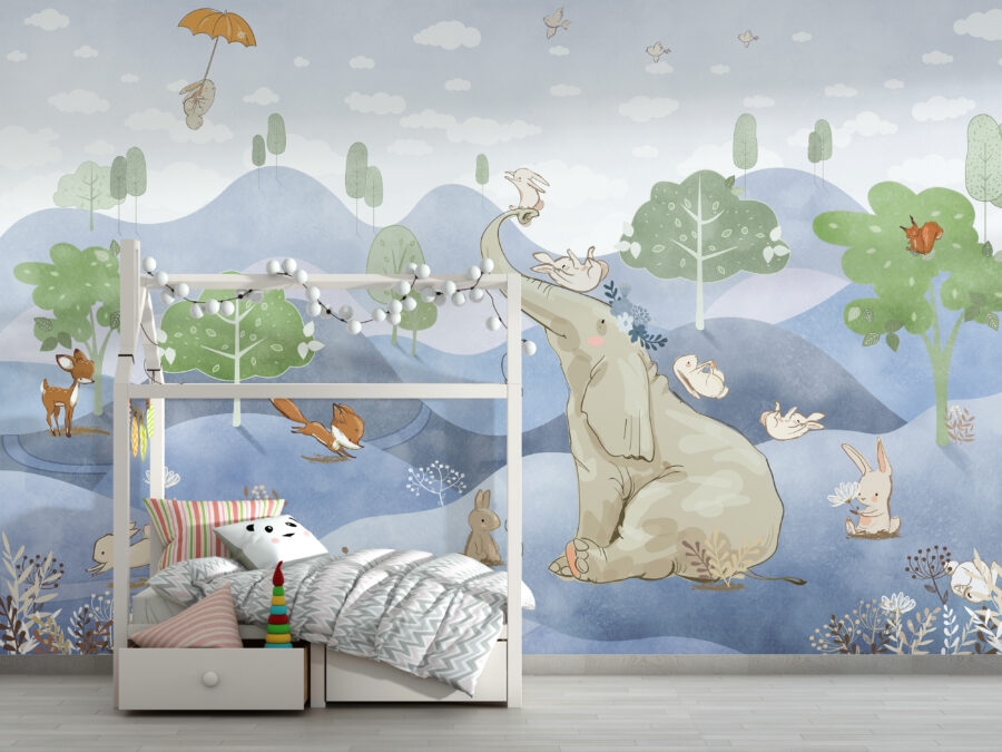 Fototapeta z ilustracją zabawy zwierzątek idealna do pokoju dziecięcego Słonik w Błękicie - główne zdjęcie produktu