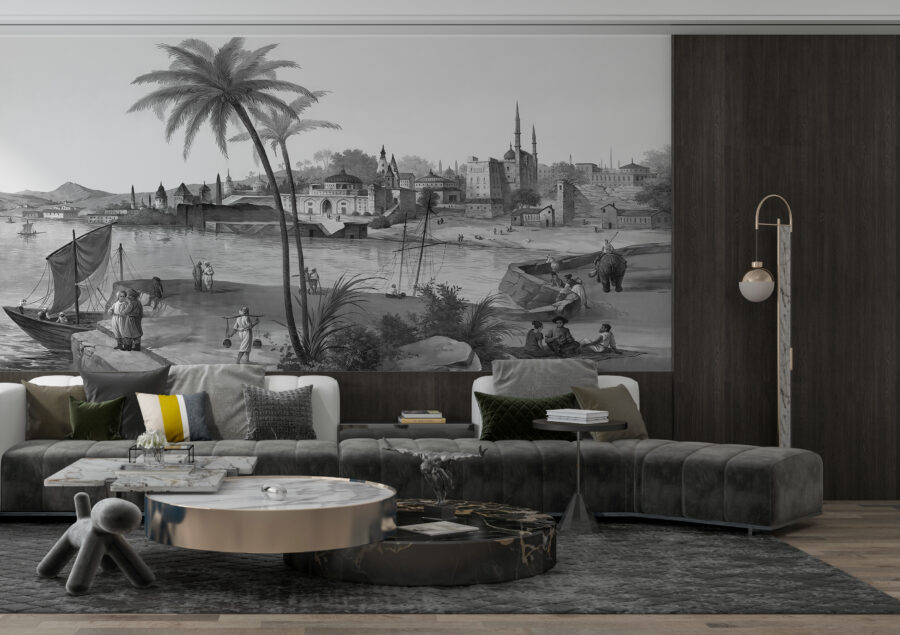 Fototapeta w postaci dawnej ryciny w odcieniach szarości Arabskie Wybrzeże - główne zdjęcie produktu