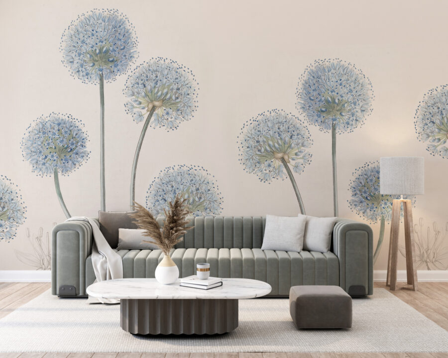 Fototapeta z uniwersalnym motywem roślinnym eleganckim i minimalistycznym Błękitne Dmuchawce - główne zdjęcie produktu