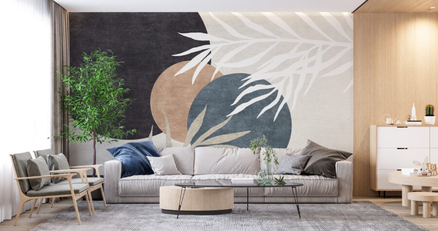 Fototapeta w nowoczesnym stylu, połączenie geometrii i motywu roślinnego Koła i Liście - główne zdjęcie produktu