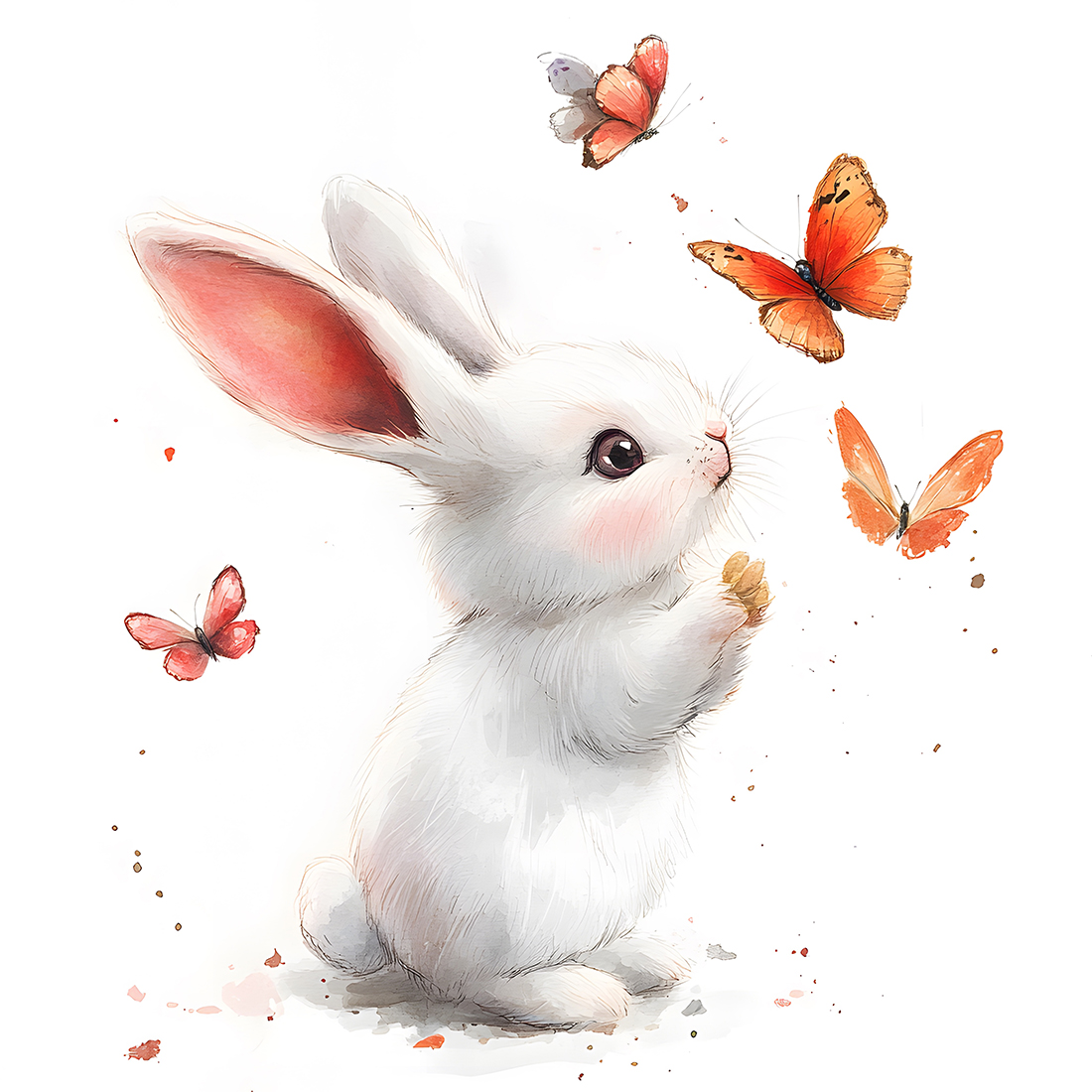 Watercolor poster featuring a white bunny catching butterflies.