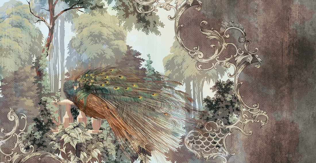 Vintage,Wallpaper,,Art,Drawing,On,Which,A,Peacock,Is,Visible