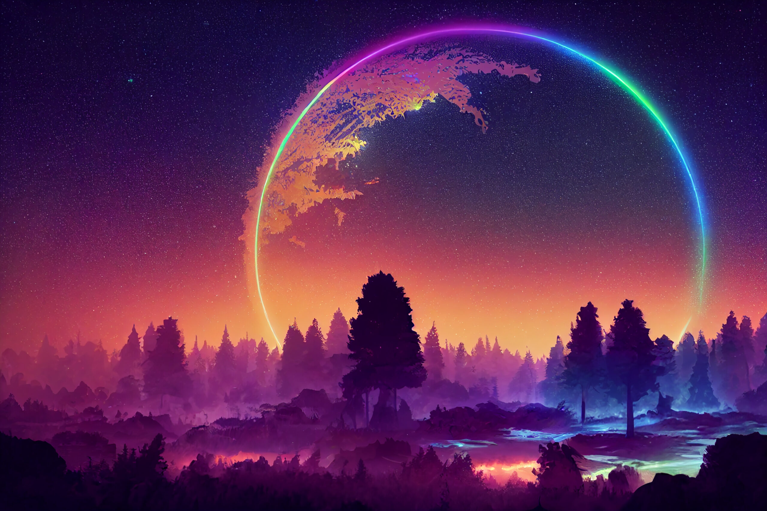 Illustration fantasy of neon forest. Glowing colorful look like fairytale.